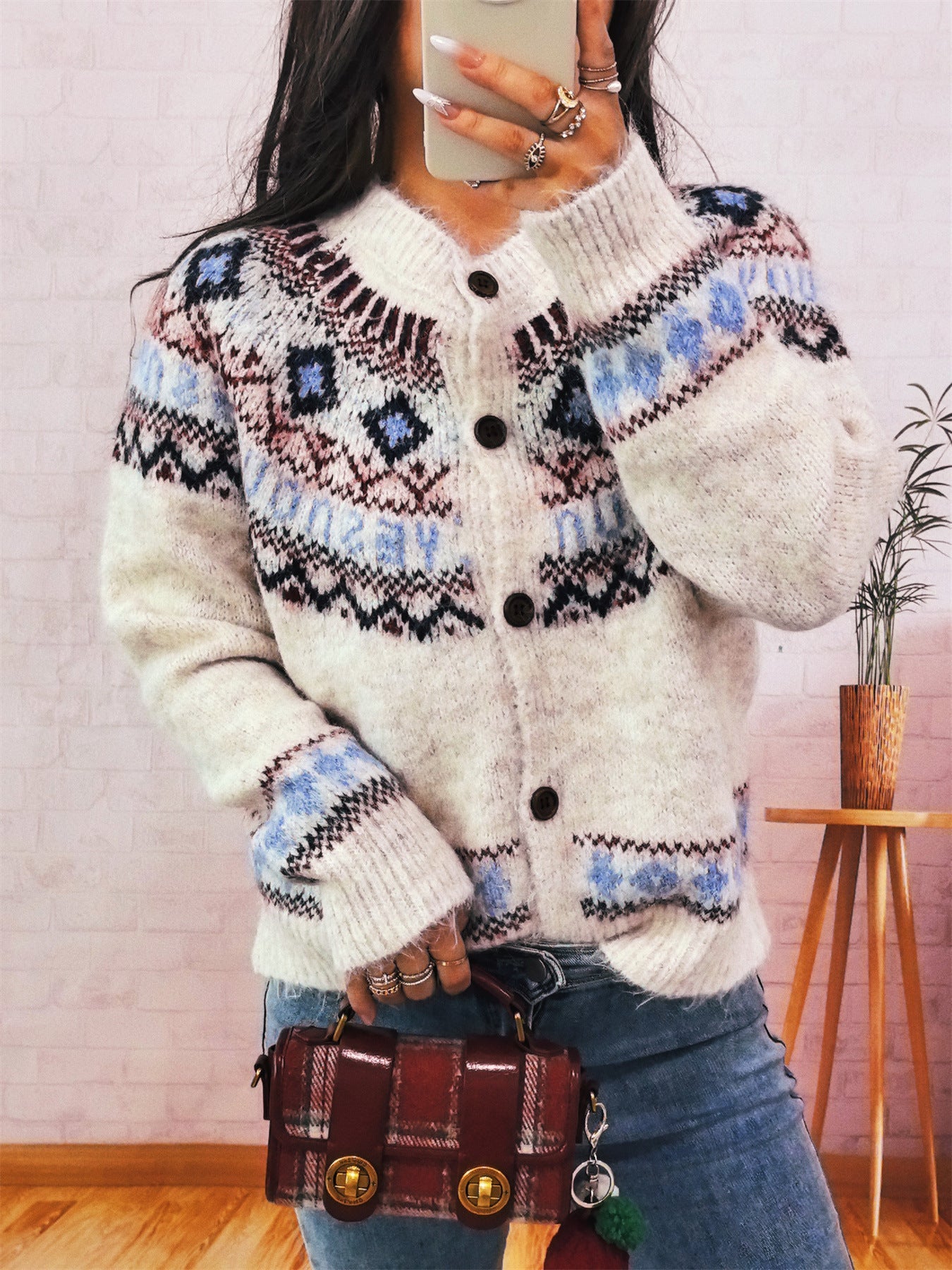 CozyWeave Damkofta – Mjukt Ull Nordeuropeiskt Mönster med Träknappar