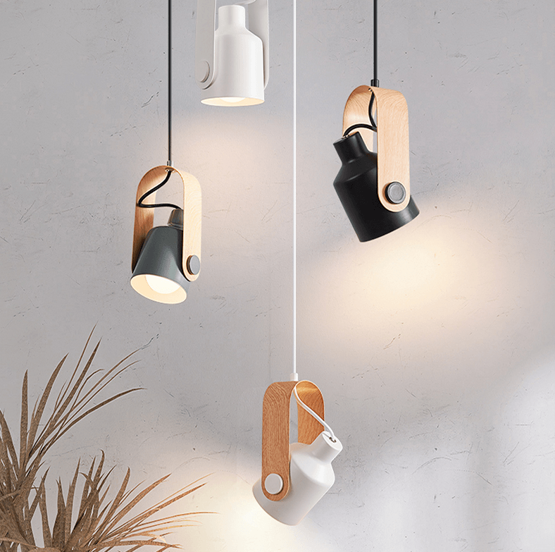 Nordisk hängande spotlight – elegant pendellampa i trä och metall