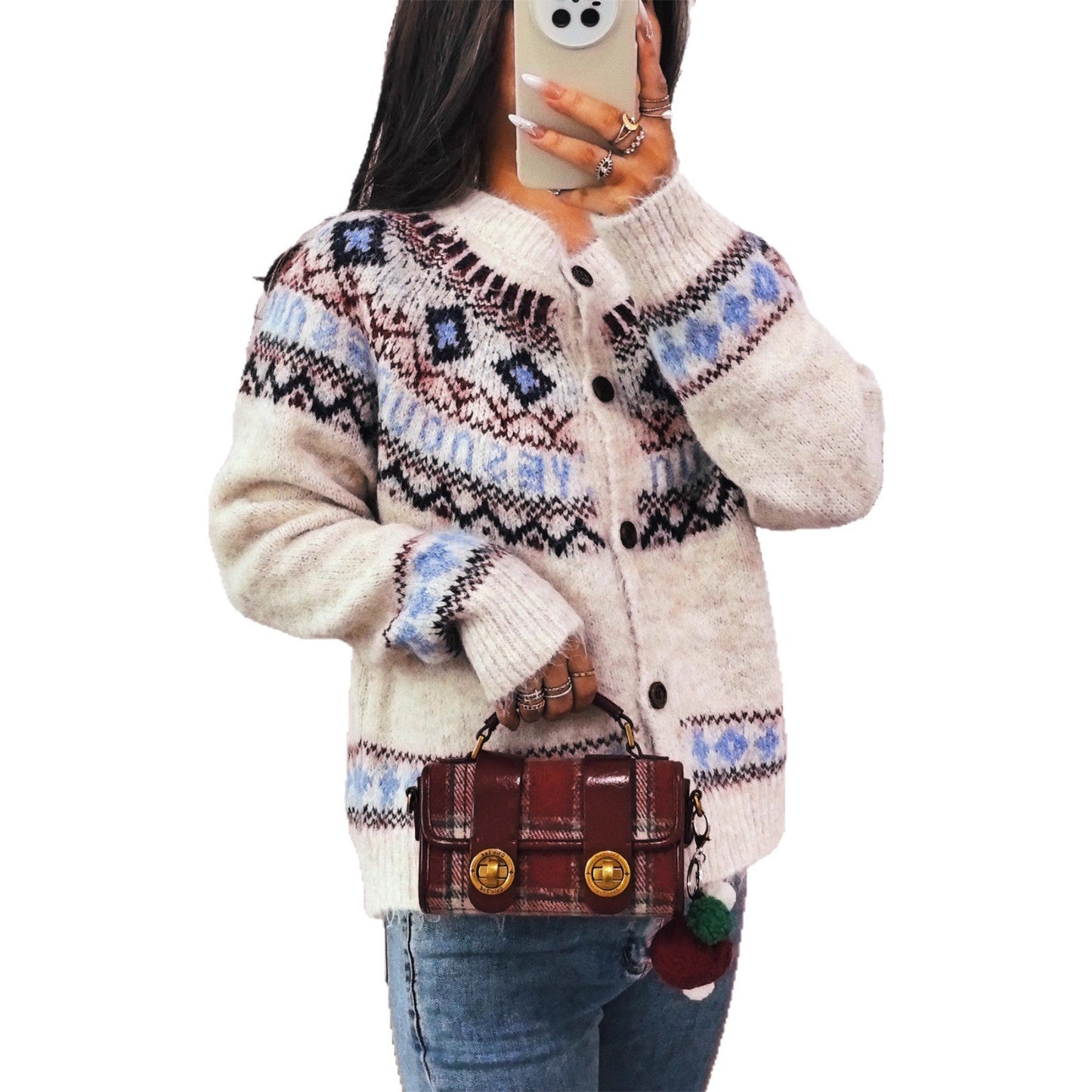 CozyWeave Damkofta – Mjukt Ull Nordeuropeiskt Mönster med Träknappar